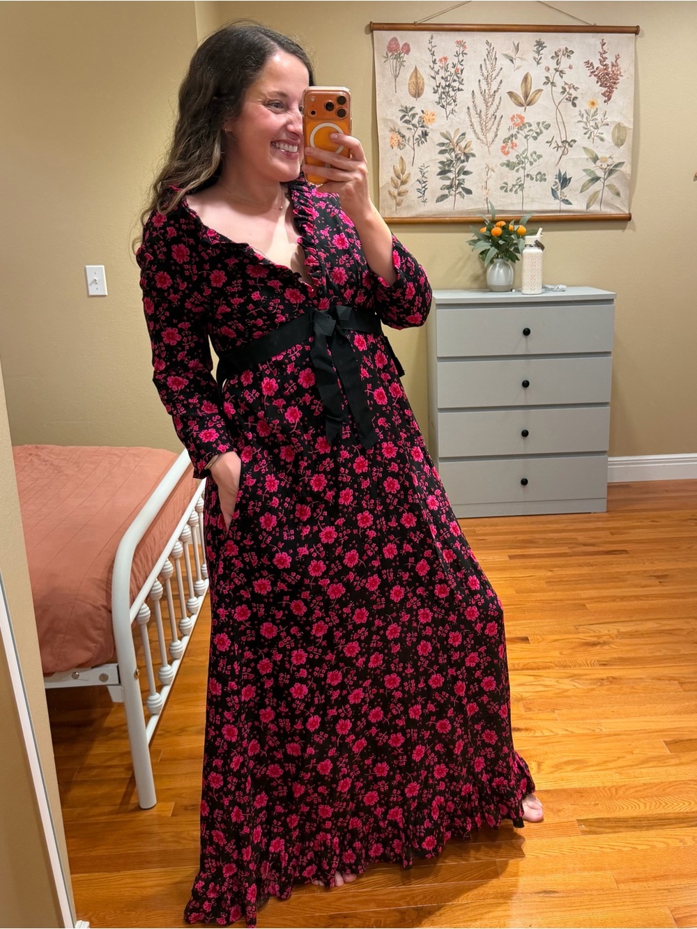 Vintage Tanner of North Carolina PINK Floral Maxi Dress with Black Ribbon Tie S